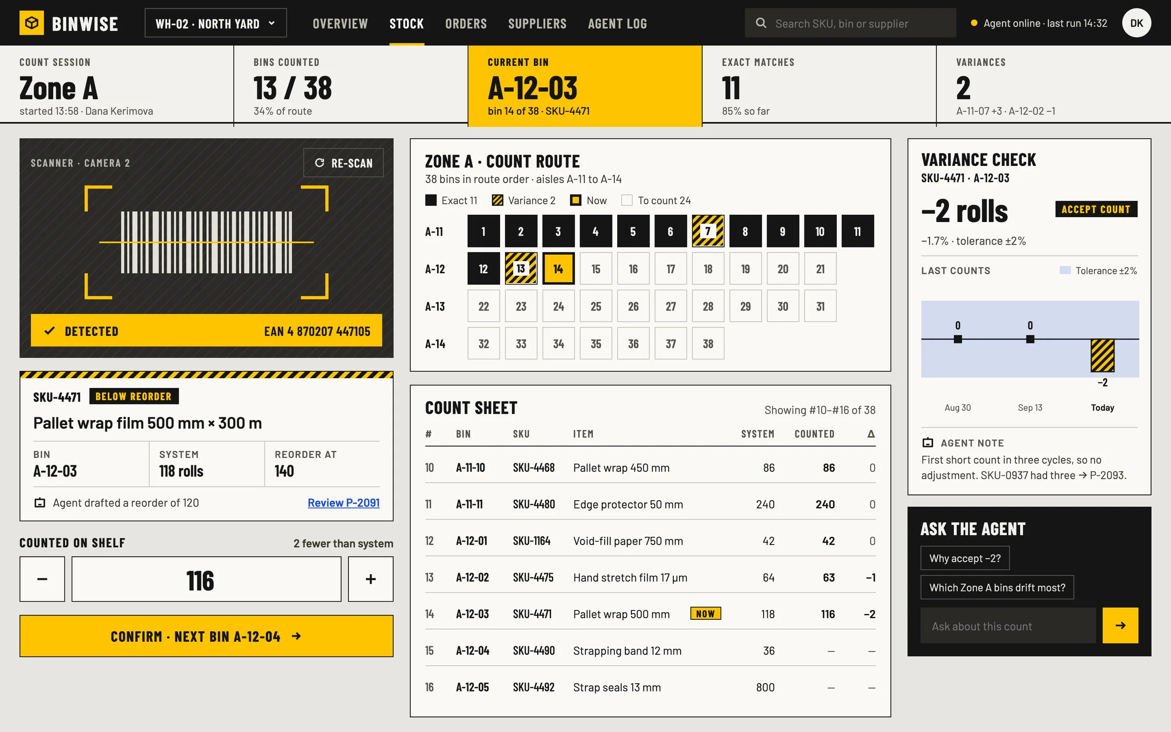 Count station: a scanner view with a detected barcode, the item card and counted quantity, the aisle-by-aisle count route, the count sheet and a variance check that accepts a small difference.