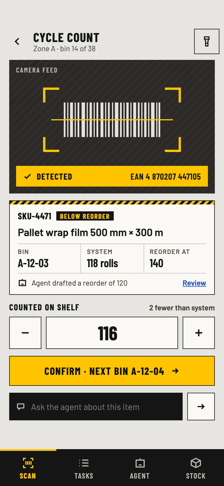 Binwise on a phone: the cycle-count scanner with a detected barcode, the item card, the counted quantity and a Confirm button for the next bin.