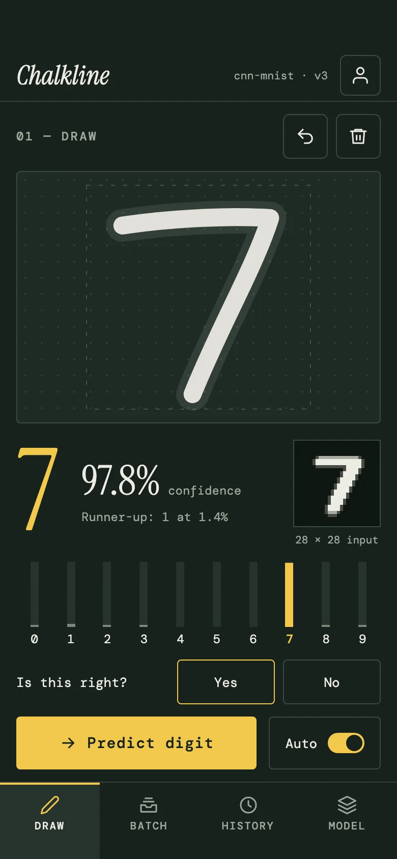 Chalkline on a phone: the drawing pad with a chalk 7, the predicted digit and confidence, a strip of ten probability bars and the Predict button.