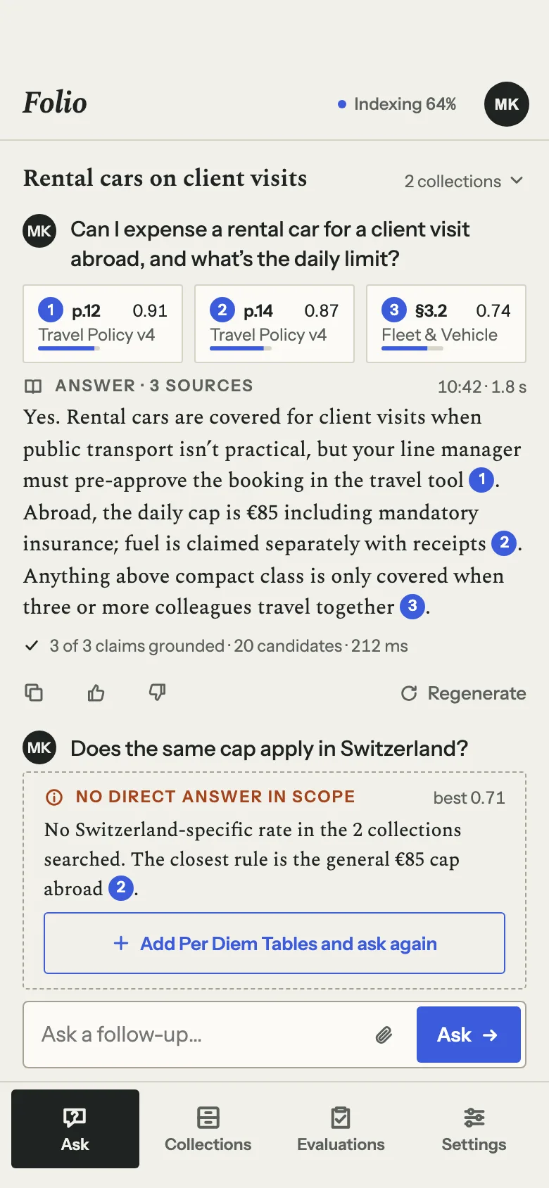 Folio Ask on a phone: the question, three source slips with their scores, the answer with numbered citations, and the follow-up's “No direct answer in scope” card with a button to add the suggested collection and ask again.