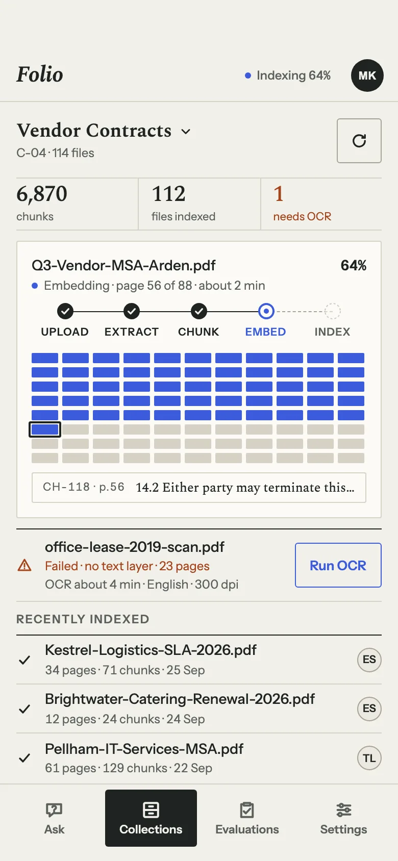Folio Collections on a phone: chunk, indexed and needs-OCR counts, the file being embedded with its stage rail and page map, a scanned file with a Run OCR button, and the most recently indexed files.