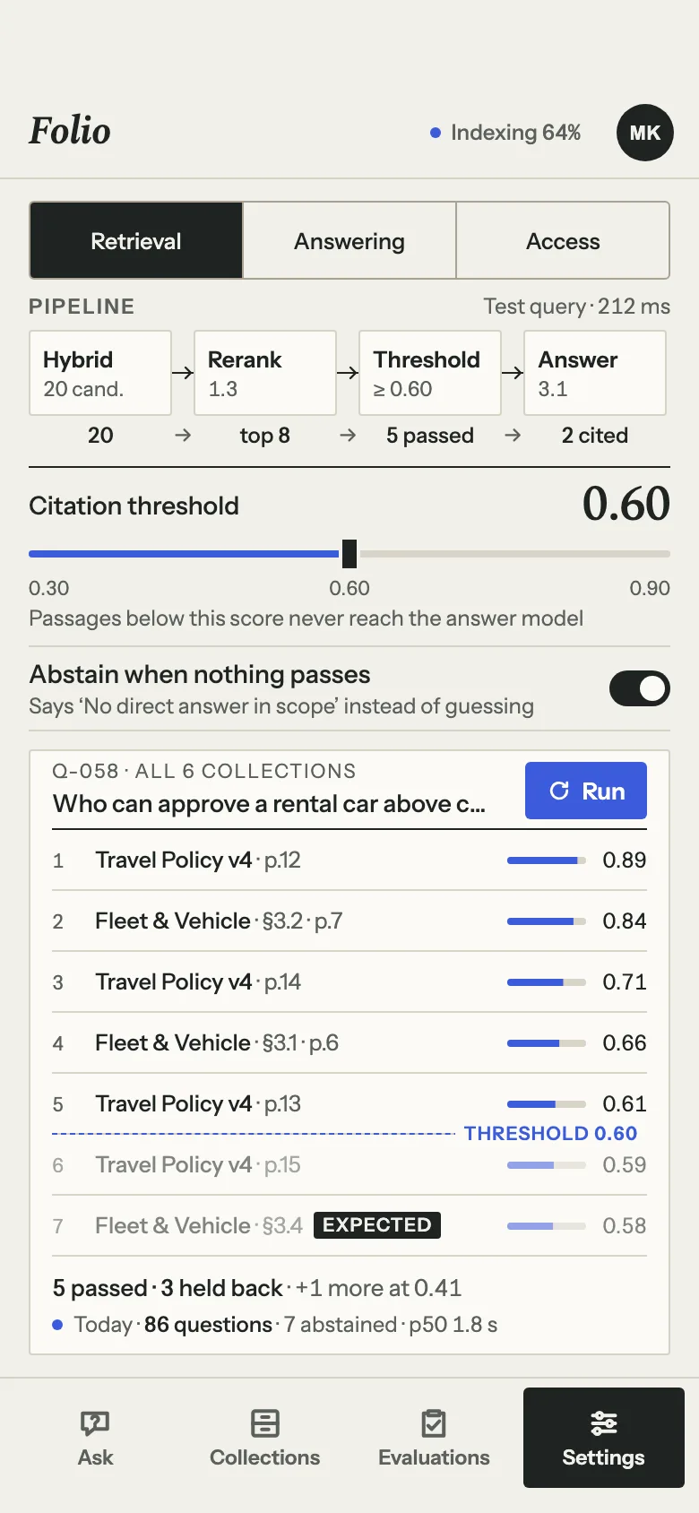 Folio Settings on a phone: the retrieval pipeline, the citation threshold slider, the abstain switch and a test question's ranked passages with the threshold line.