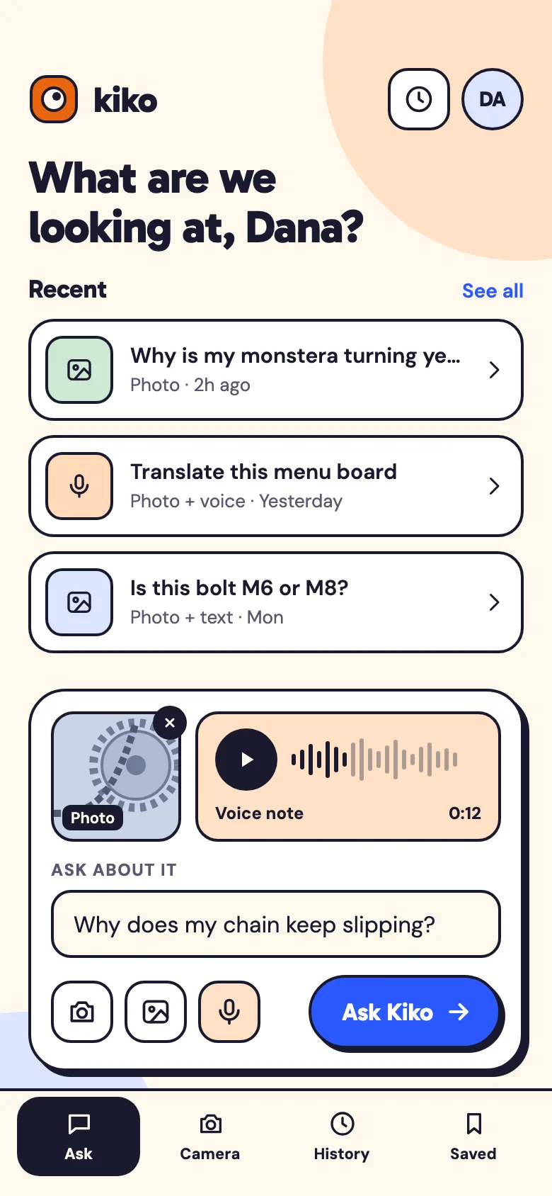 Kiko Ask screen on a phone: a greeting, recent conversations, and one composer holding a photo of a bike chain, a 12-second voice note and the question “Why does my chain keep slipping?”, with an Ask Kiko button.