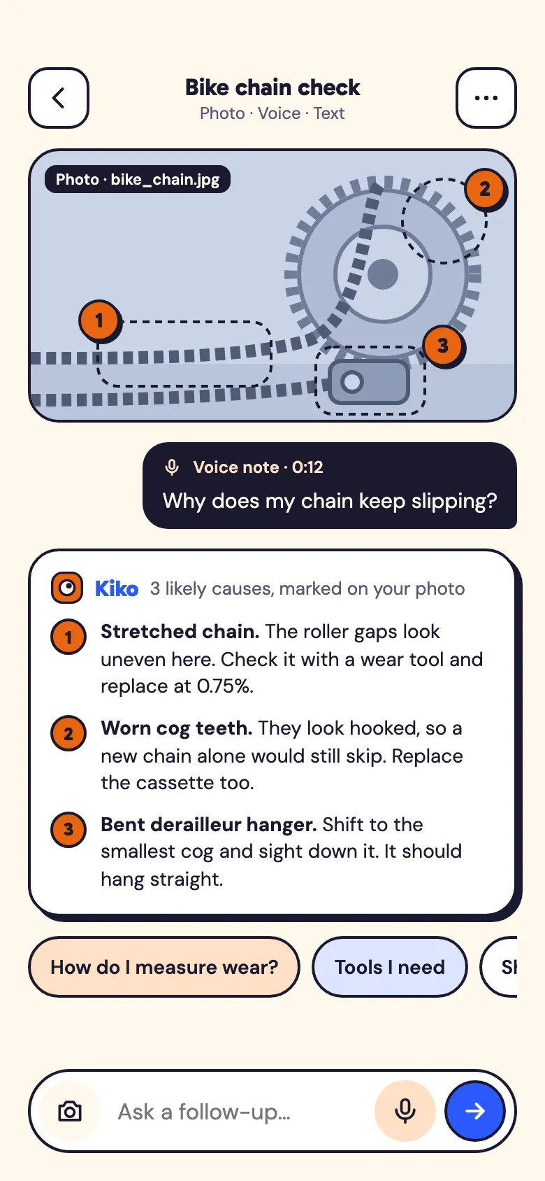 Kiko Answer screen on a phone: the bike photo with three dashed regions and numbered orange markers, the question bubble, and an answer listing three likely causes numbered to match the markers, with follow-up chips.