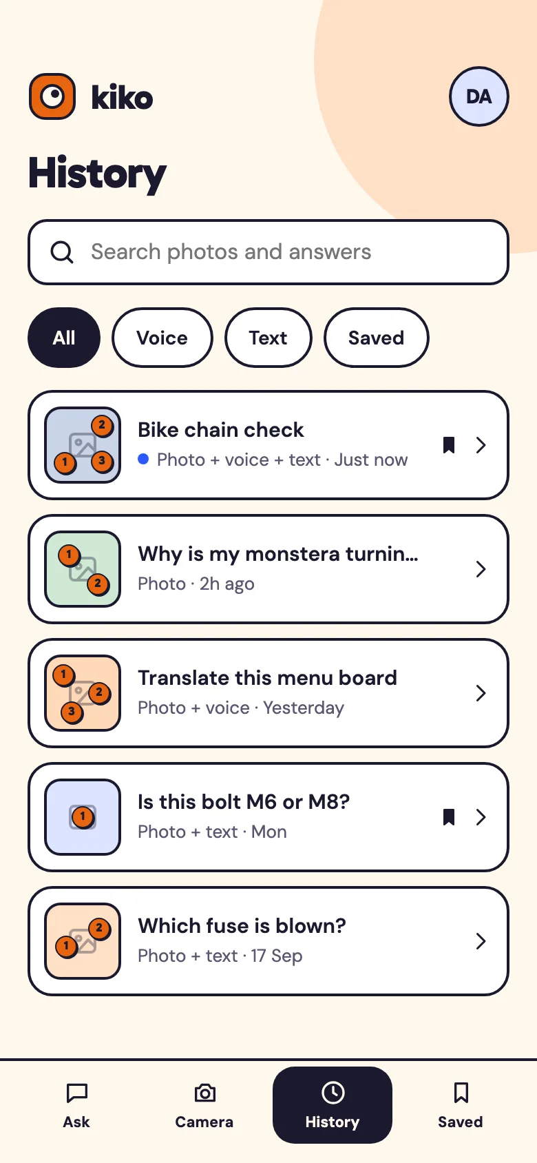Kiko History screen on a phone: a search field, filter chips and a list of past conversations with small photo thumbnails carrying their markers.