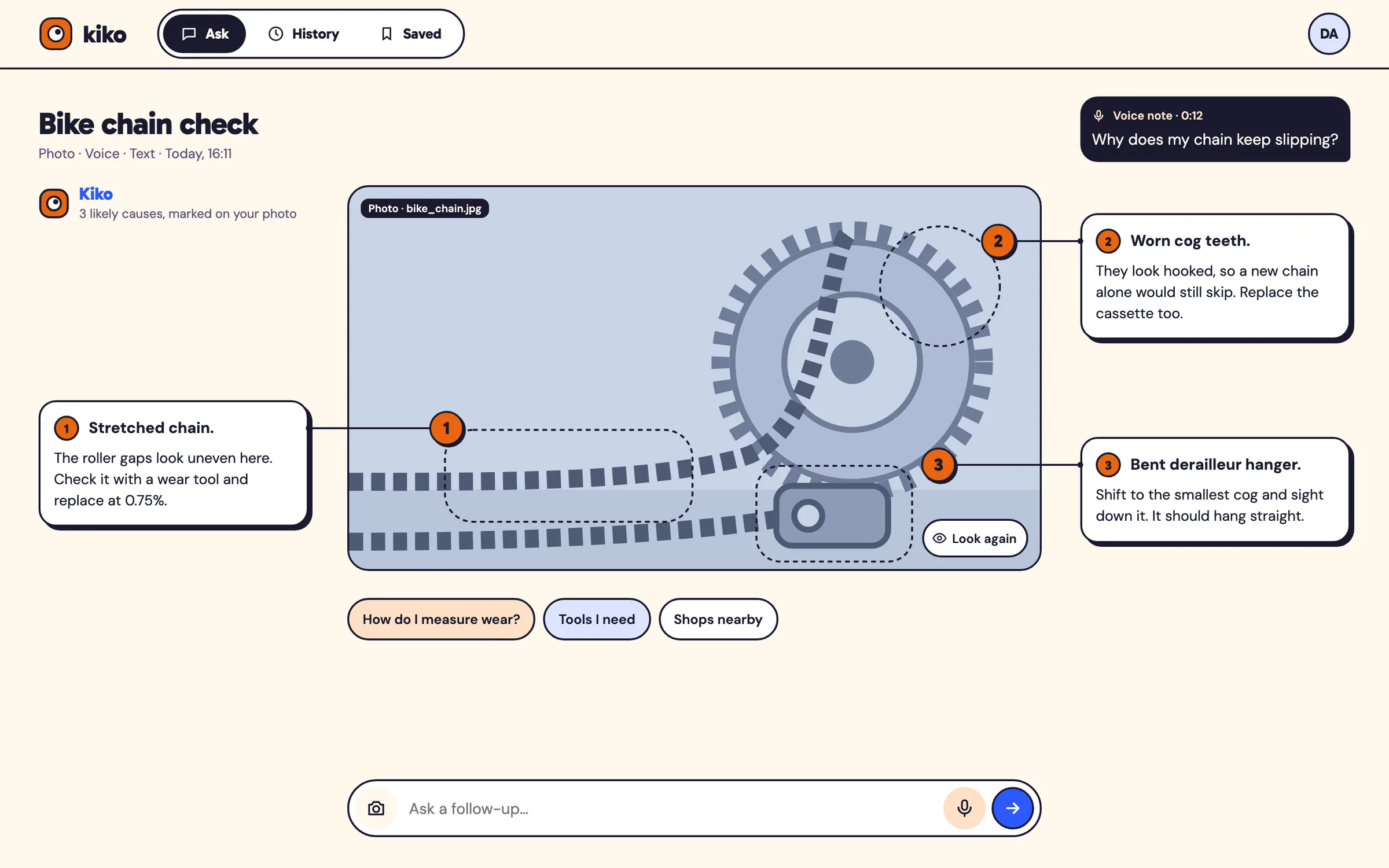 Kiko web app answer: the bike photo large in the centre with numbered markers, and three answer cards around it joined to their markers by leader lines, above follow-up chips and a follow-up composer.