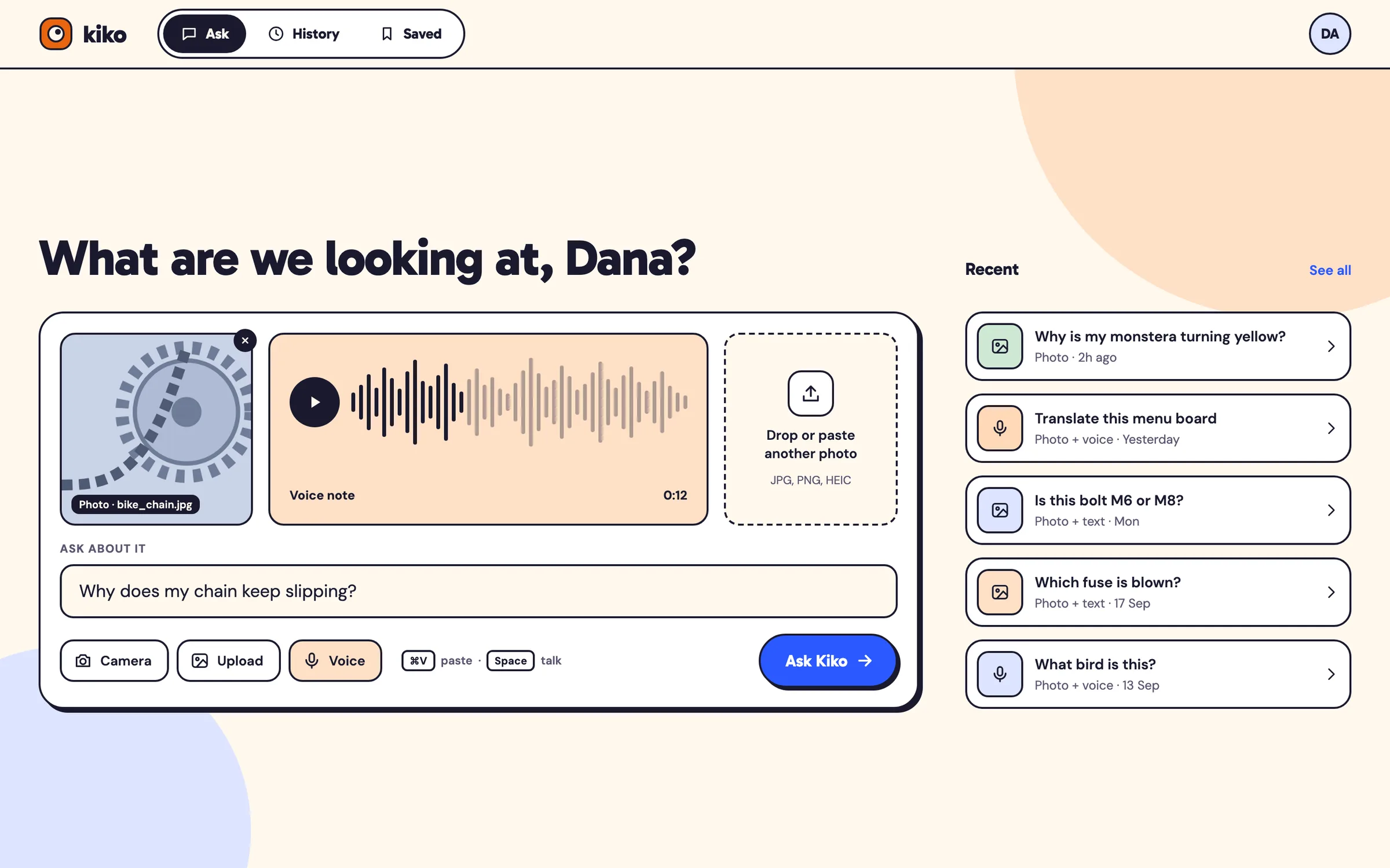 Kiko web app ask page: a wide composer with the photo, the voice note waveform, a drop zone for another photo and the question field, next to recent conversations.