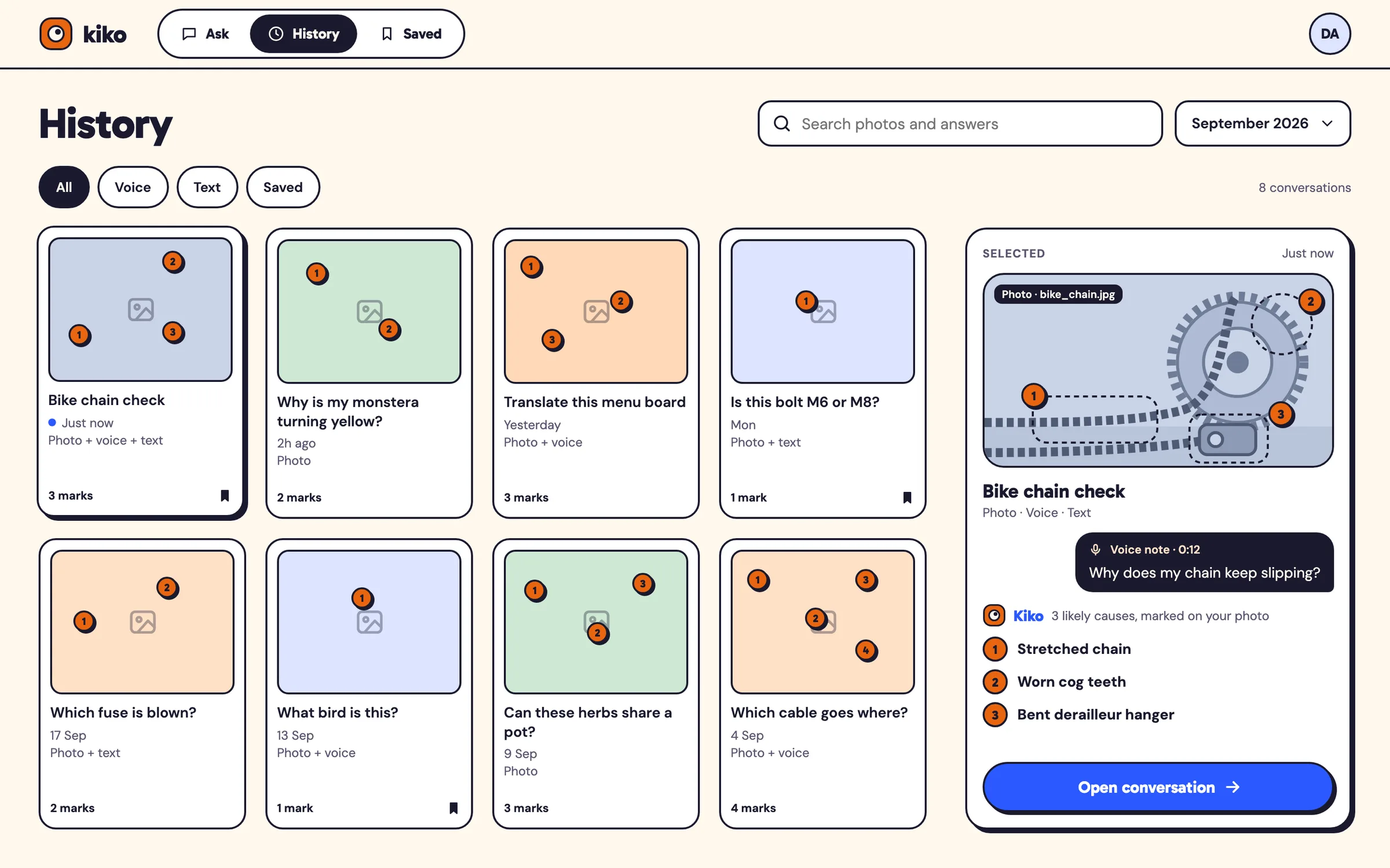 Kiko web app history: a grid of conversation cards with marked-up photo thumbnails and a preview panel of the selected conversation with an Open conversation button.