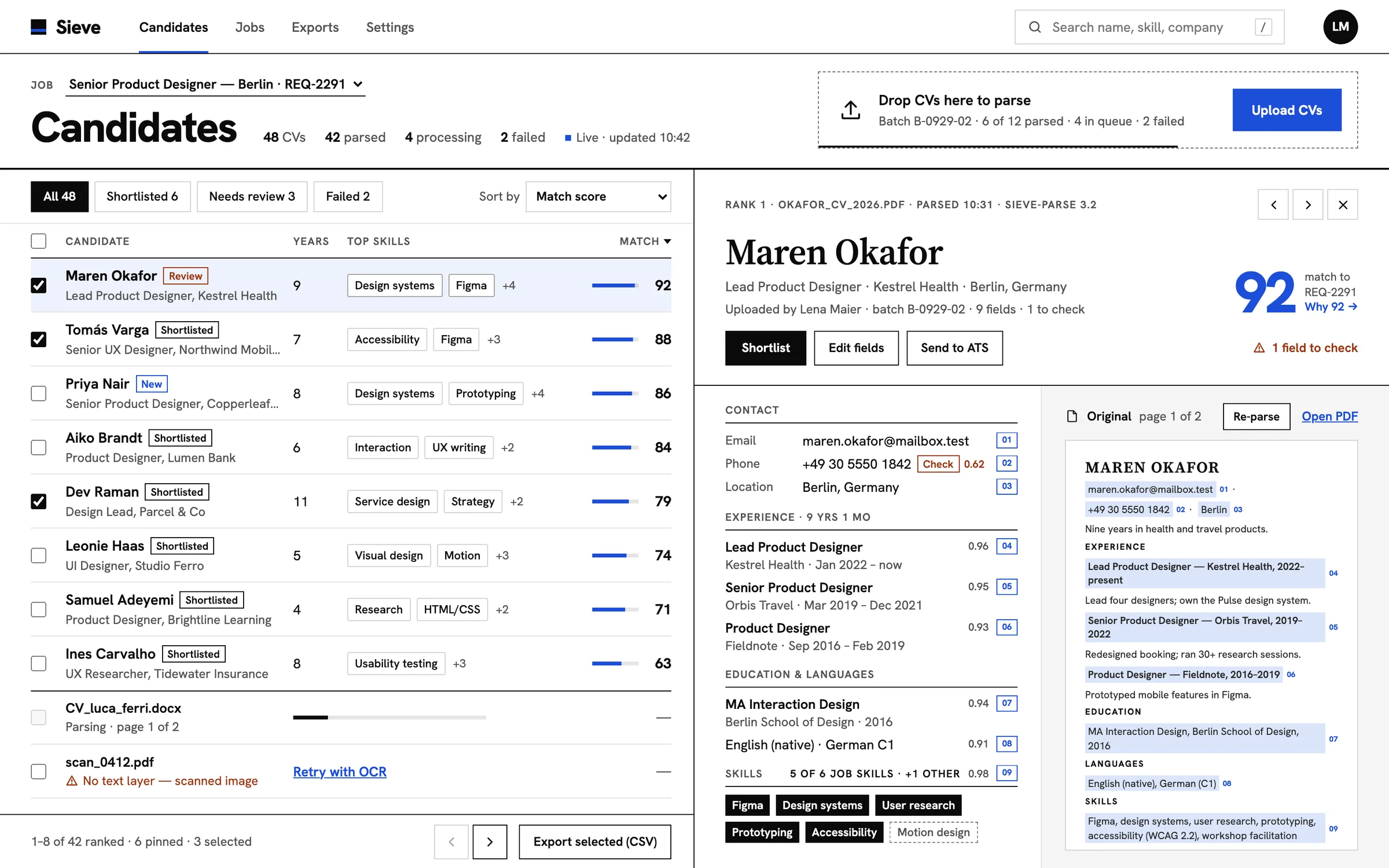 Sieve Candidates page: a drop zone for a batch of CVs, a table of candidates ranked by match score with years, top skills and a match bar, one CV still parsing and one that failed, and the top candidate's parsed fields beside the original CV, each field tagged with the index number of its highlighted source line.