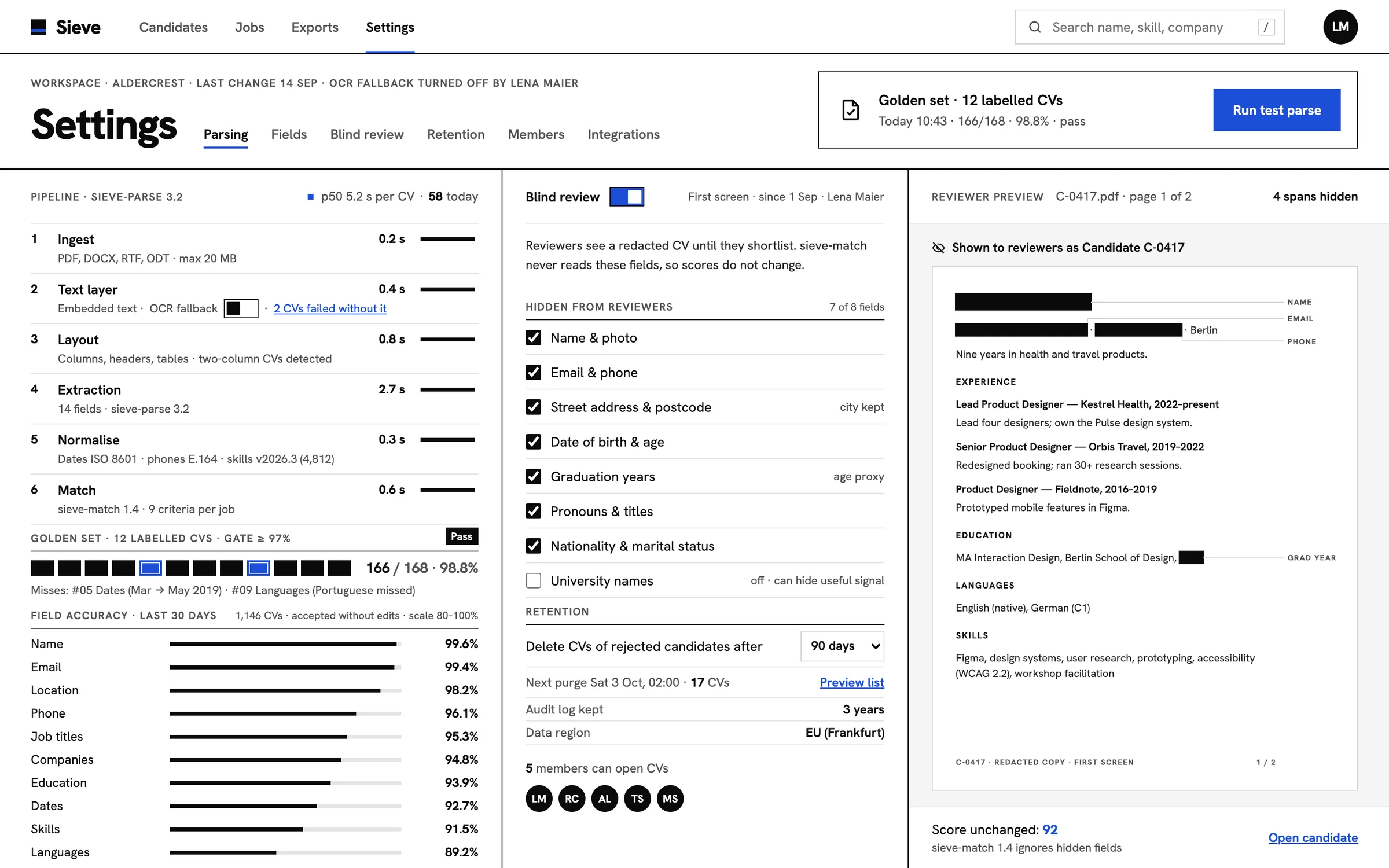 Sieve Settings page: the six-stage parsing pipeline with a timing per stage, a golden-set test of labelled CVs, field accuracy bars, the blind-review rules and retention settings, and a reviewer's preview of a CV with the name, email, phone and graduation year blacked out.
