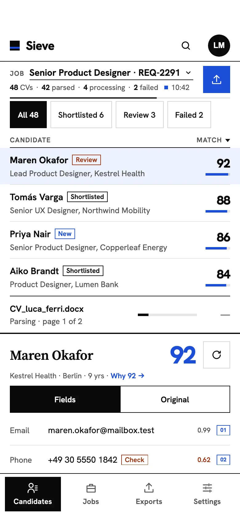 Sieve Candidates on a phone: filter chips, the ranked list with match scores and status badges, a CV still parsing, and a sheet with the top candidate's parsed fields, each with its confidence and source index.