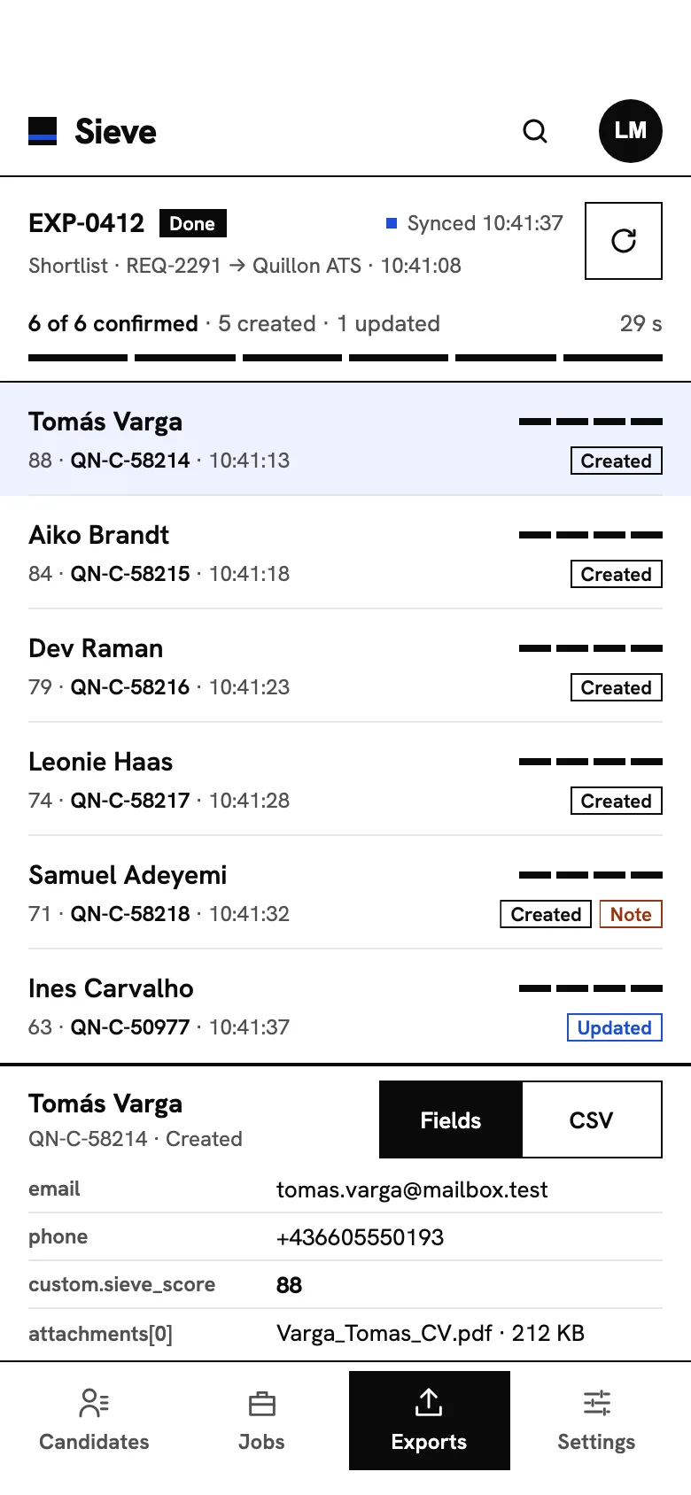 Sieve Exports on a phone: the run's progress, six ledger rows with their stage rails and ATS results, and a sheet with the selected record's fields.