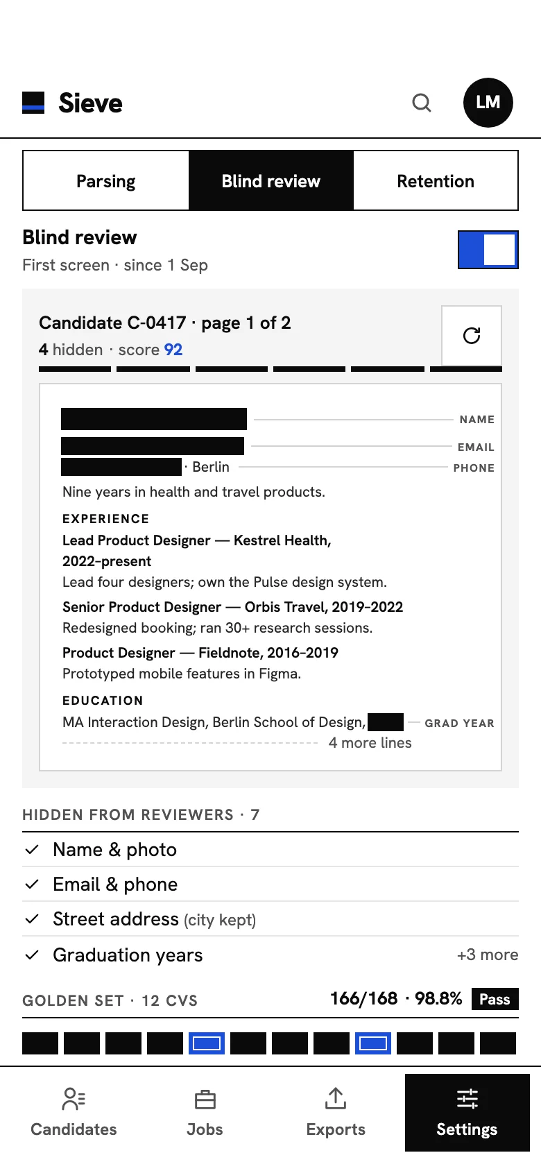 Sieve blind review on a phone: the on switch, a redacted CV shown to reviewers under a candidate number, the hidden fields, and the golden-set result.