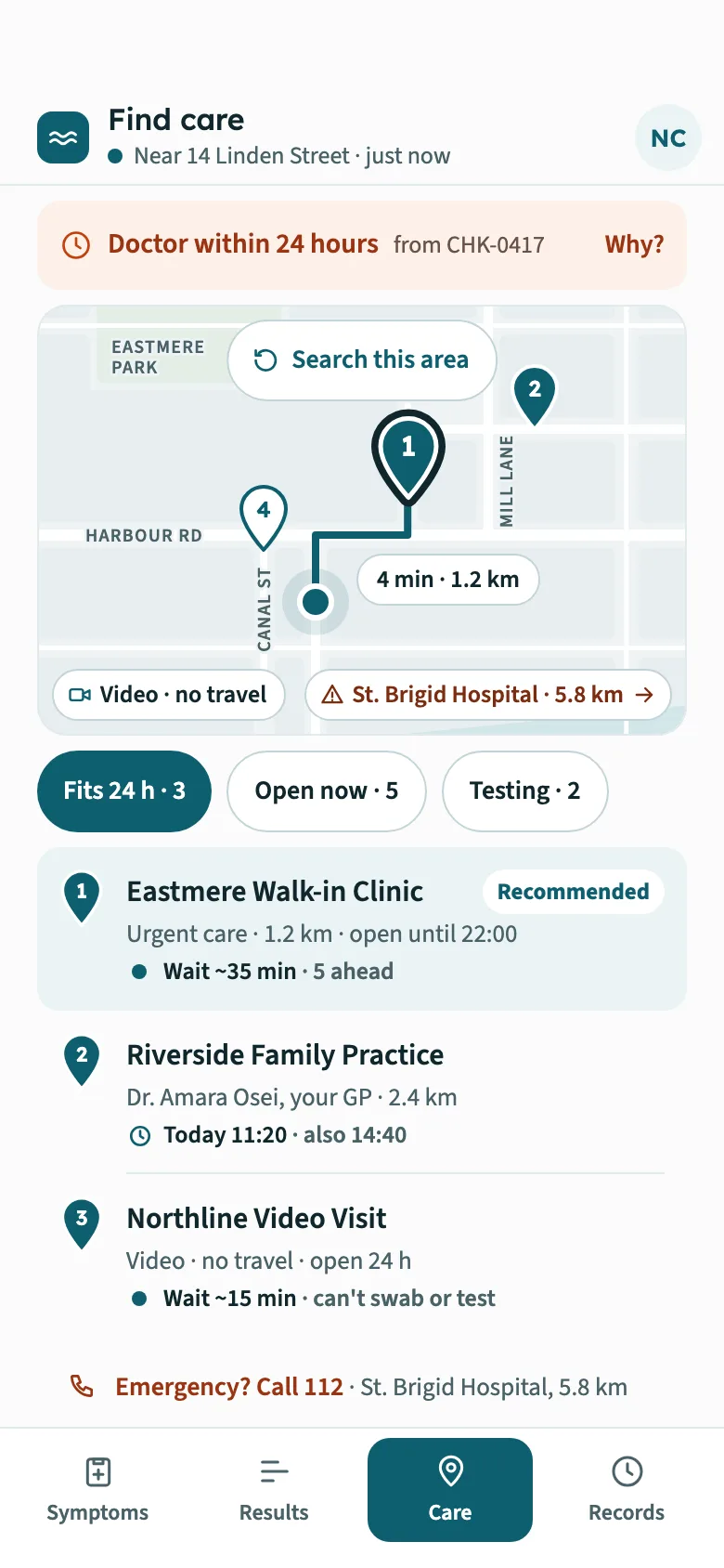 Sorrel Find care on a phone: a strip matching the check's urgency, a map with numbered places and the route to a walk-in clinic, filter chips, three places with their wait or next free slot, and an Emergency? Call 112 row above the tab bar.