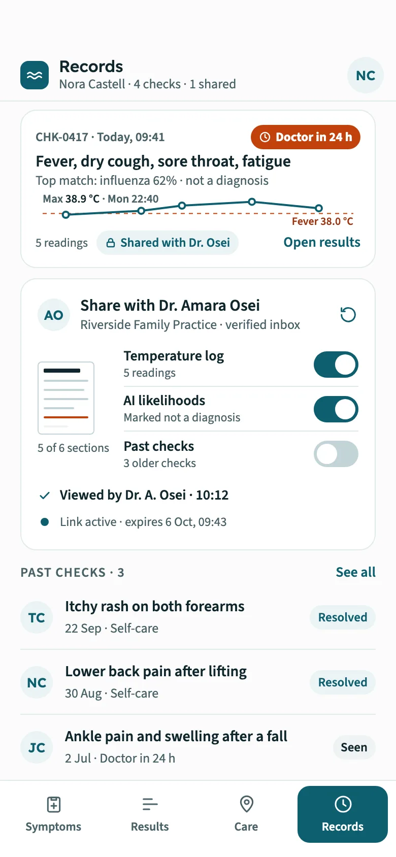 Sorrel Records on a phone: today's check with its urgency badge and temperature line, a share card with switches for what the GP summary includes and its delivery status, and three past checks from the family.