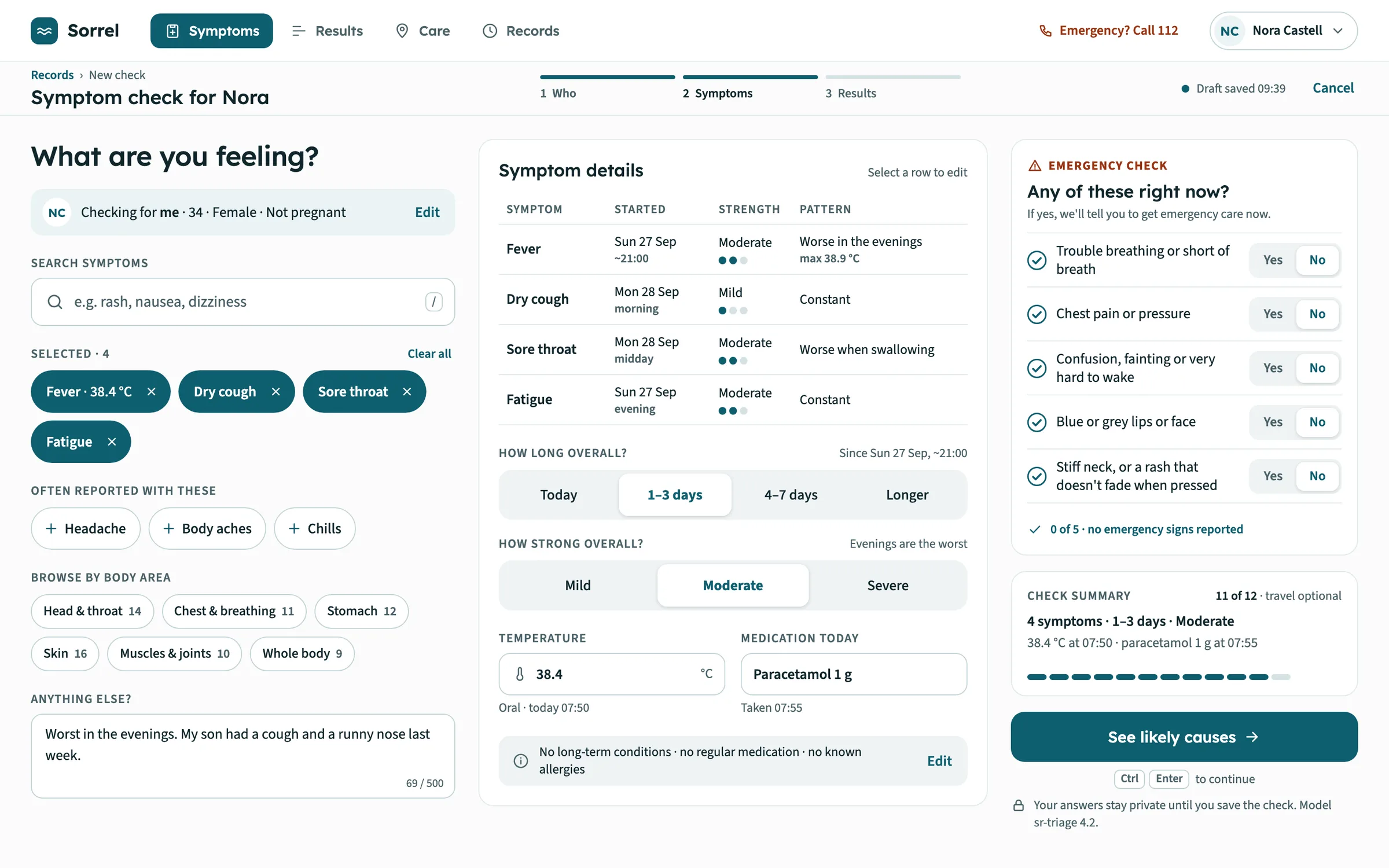 Sorrel web app symptom check: search and selected symptoms on the left, a table of when each symptom started, how strong it is and its pattern in the centre with temperature and medication, and a five-question emergency check with every answer set to No beside the See likely causes button.