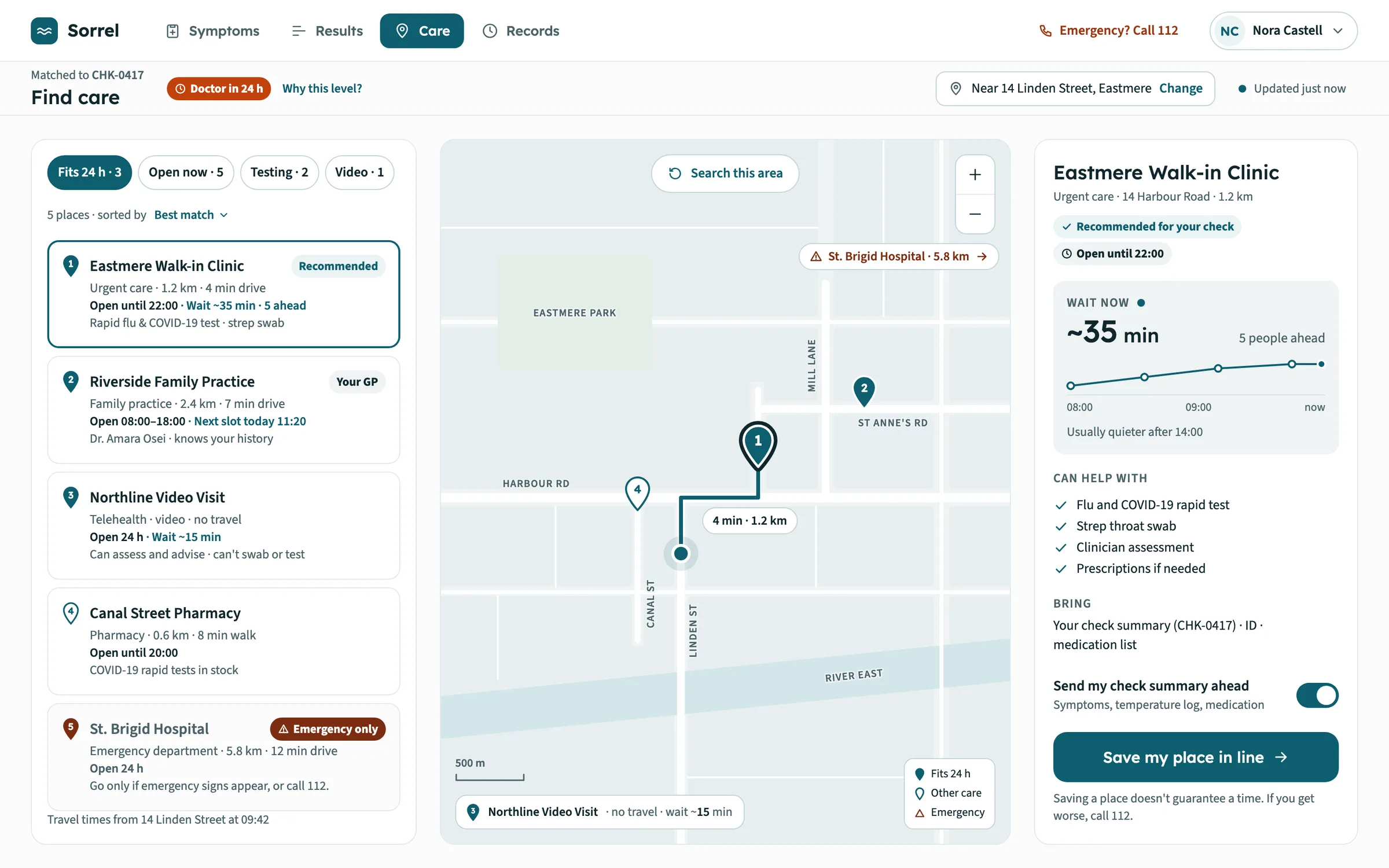 Sorrel web app Find care: five places sorted by best match, a map with the route to the recommended walk-in clinic, and a detail panel with the current wait, today's wait history, what the clinic can help with and a Save my place in line button.