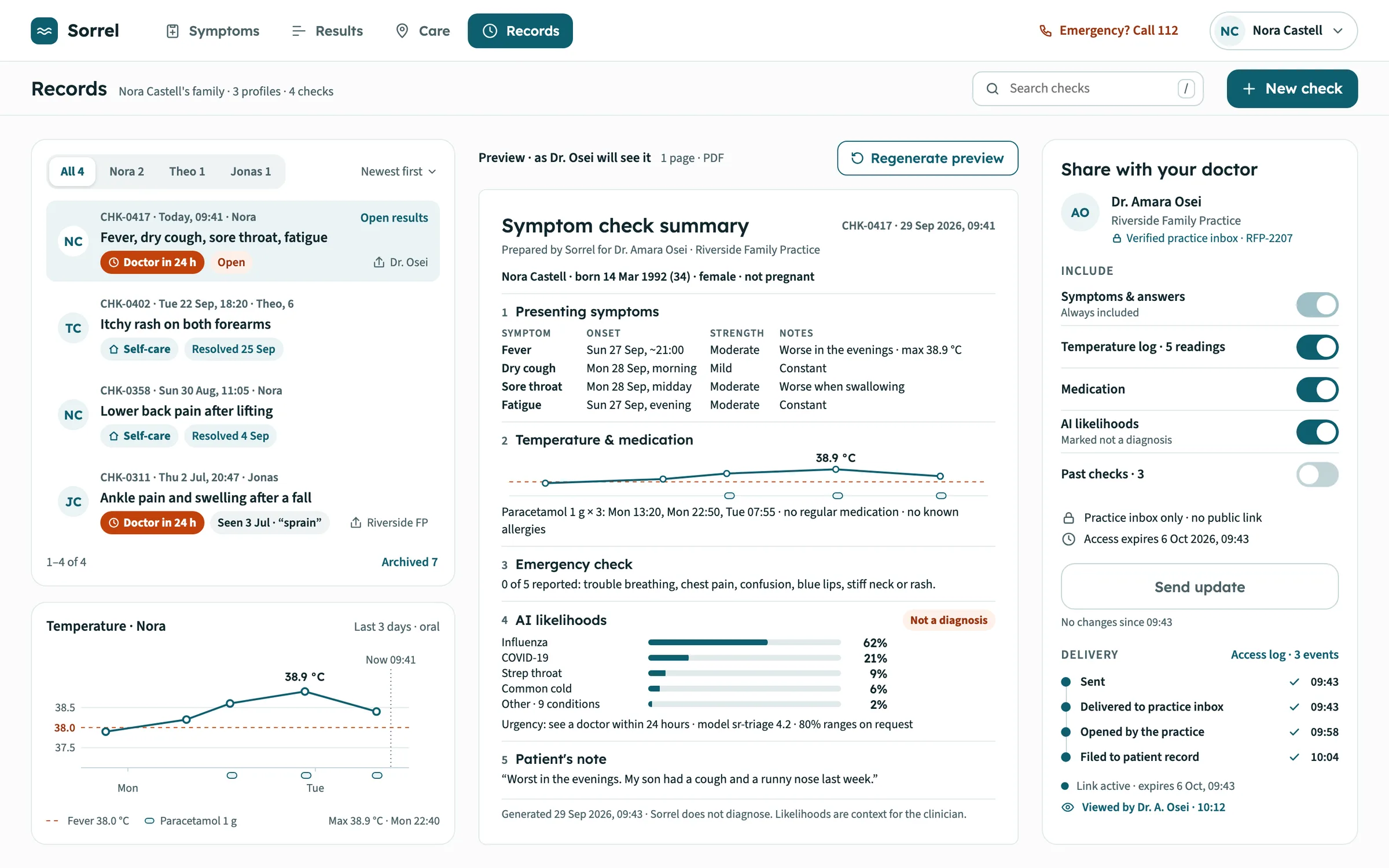 Sorrel web app Records: the family's checks and a temperature chart on the left, the one-page symptom check summary as the GP sees it in the centre, and share switches with a delivery timeline — sent, delivered, opened, filed — on the right.