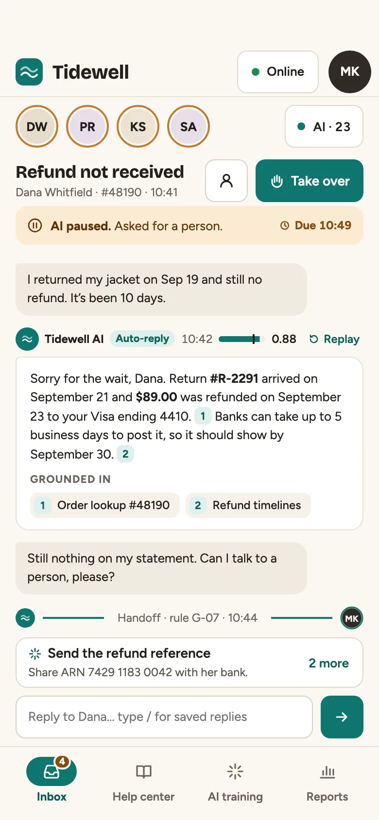 Tidewell Inbox on a phone: the chats that need a person as avatars along the top, a refund conversation with the paused-AI banner and its reply-due time, the AI's cited answer, the handoff line from the AI to the agent, a suggested reply and the reply field, above the tab bar.