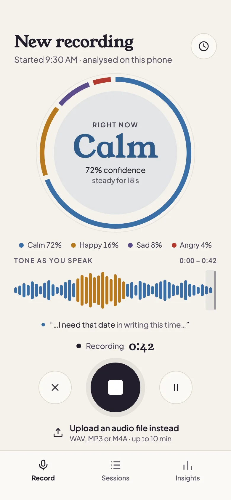 Undertone Record screen on a phone: a large ring reading “Calm, 72% confidence, steady for 18 s” with the Calm, Happy, Sad and Angry shares below it, a waveform coloured blue and amber by tone, the live caption of the last phrase, the recording clock at 0:42, stop and pause buttons, and a link to upload an audio file instead.