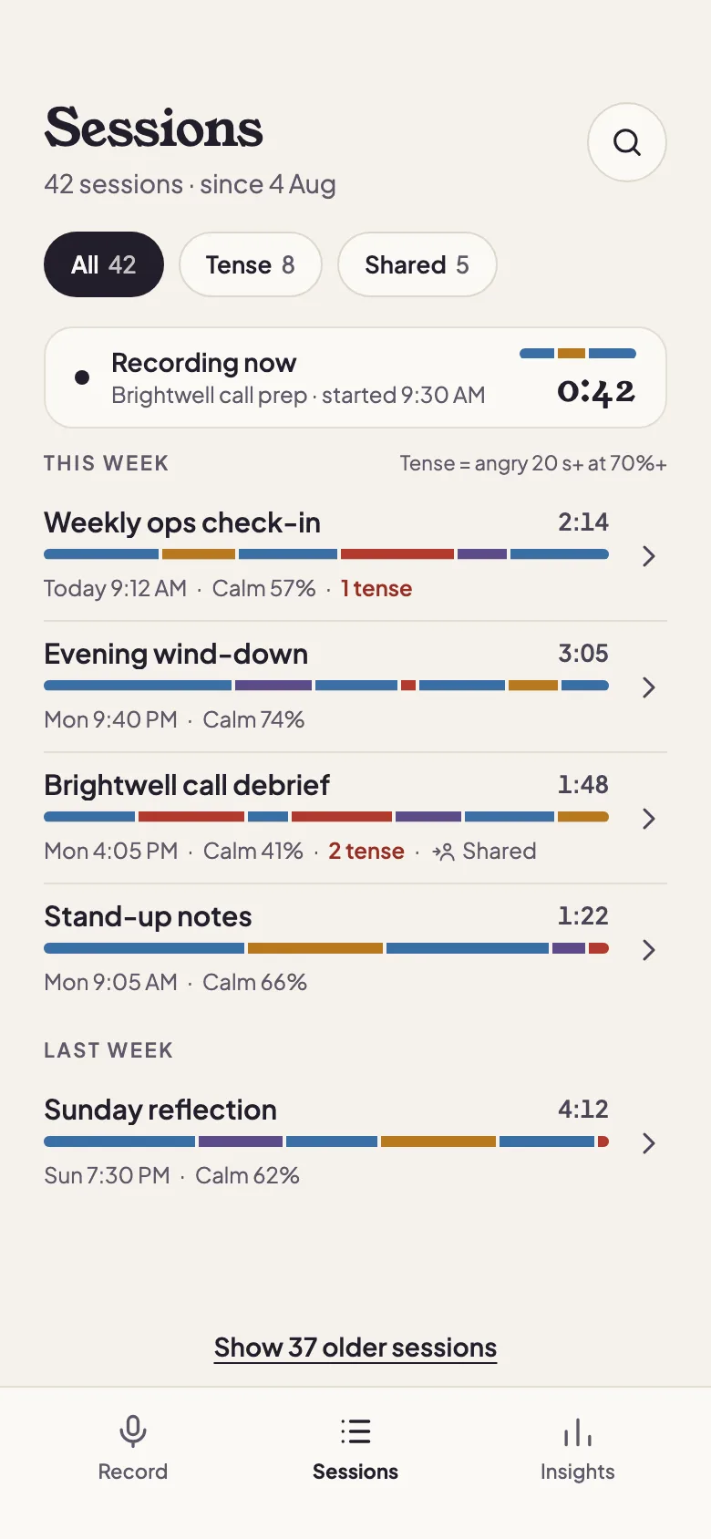 Undertone Sessions screen on a phone: All, Tense and Shared filter chips, a “Recording now” row with its live tone strip, and past sessions grouped by week, each with a tone strip in time order, its length, calm share and tense count.