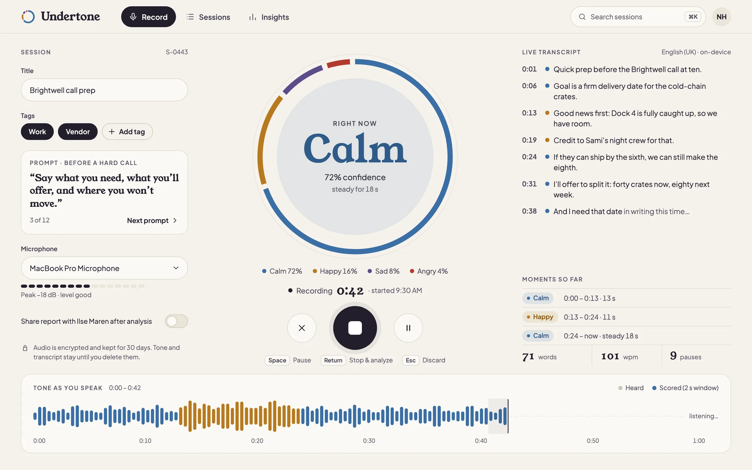Undertone web app Record page: the session title, tags, a prompt card and the microphone level on the left, the tone ring reading Calm 72% in the centre with discard, stop and pause controls and keyboard hints, the live transcript with a tone dot on each phrase and the moments so far on the right, and the full-width waveform along the bottom.
